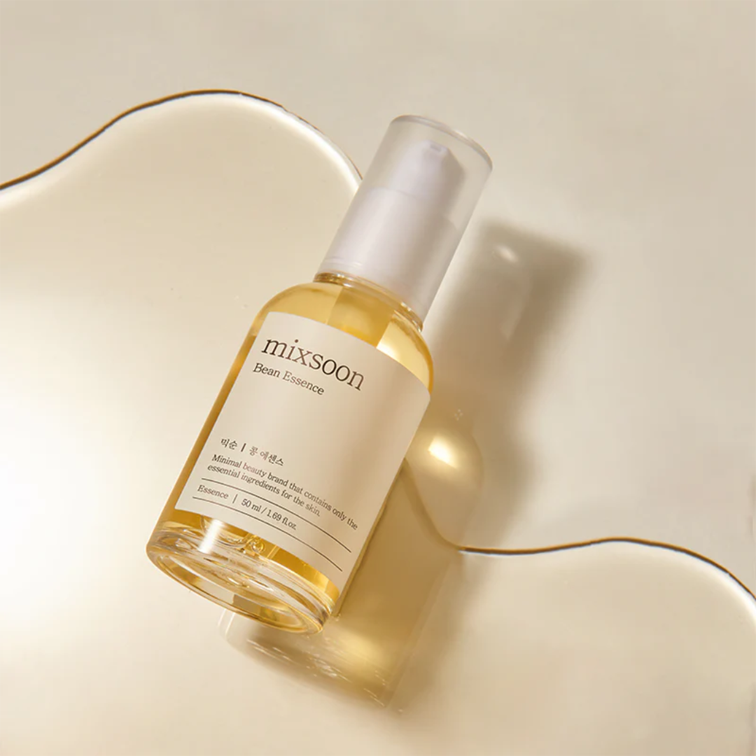 Skincare serum bottle labeled 'mixsoon' on a light background