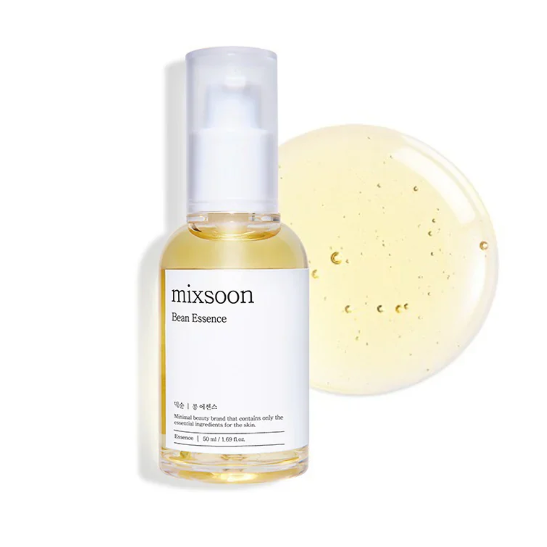 Bottle of mixsoon Bean Essence with a droplet of product on a white background