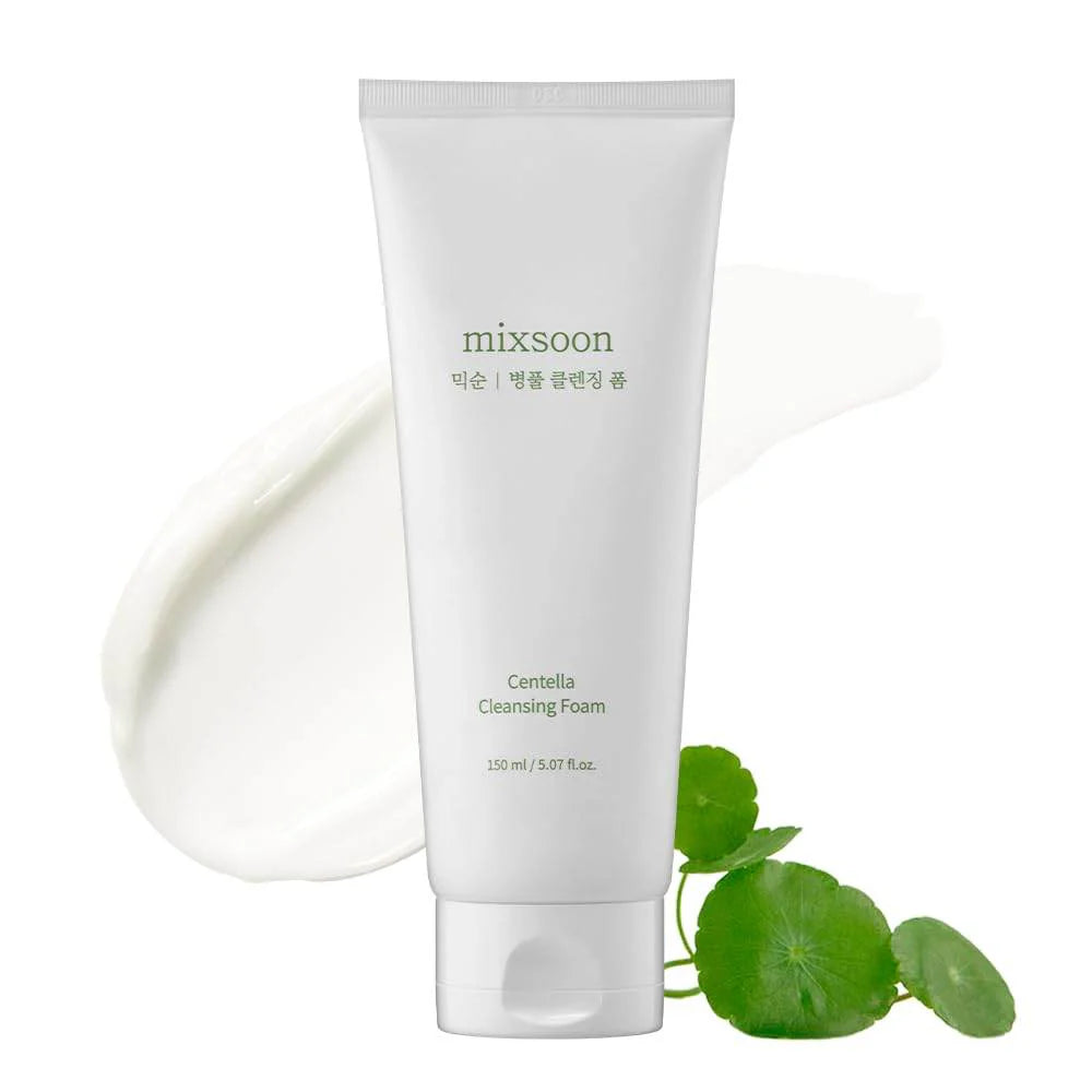 Mixsoon cleansing foam bottle with swatch and leaves on a white background