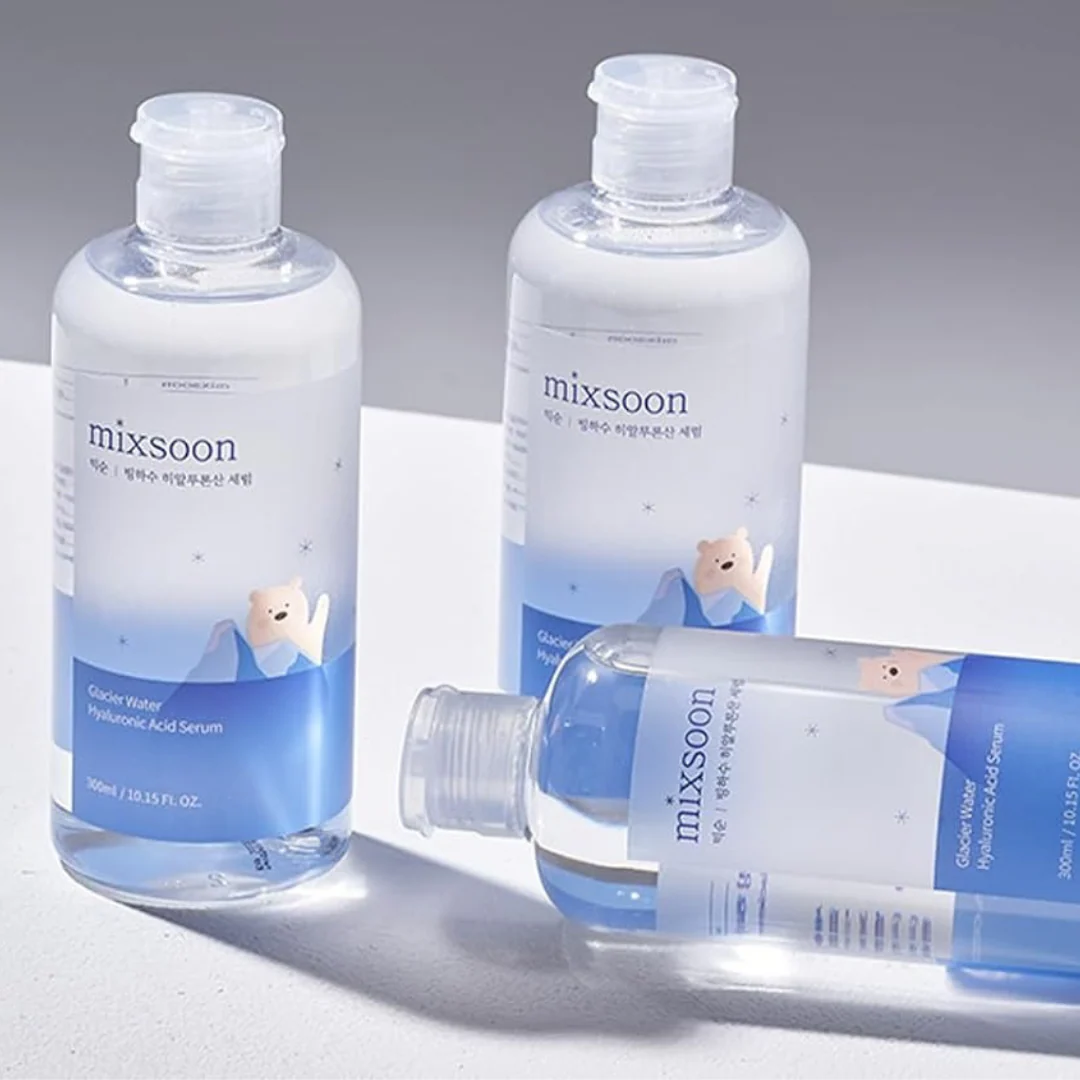 Mixsoon Serum bottles on a white and grey background