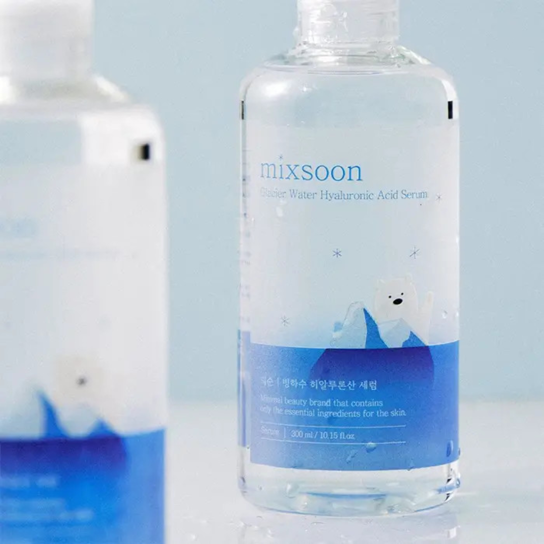 Mixsoon Hyluronic acid serum bottles on a light blue background