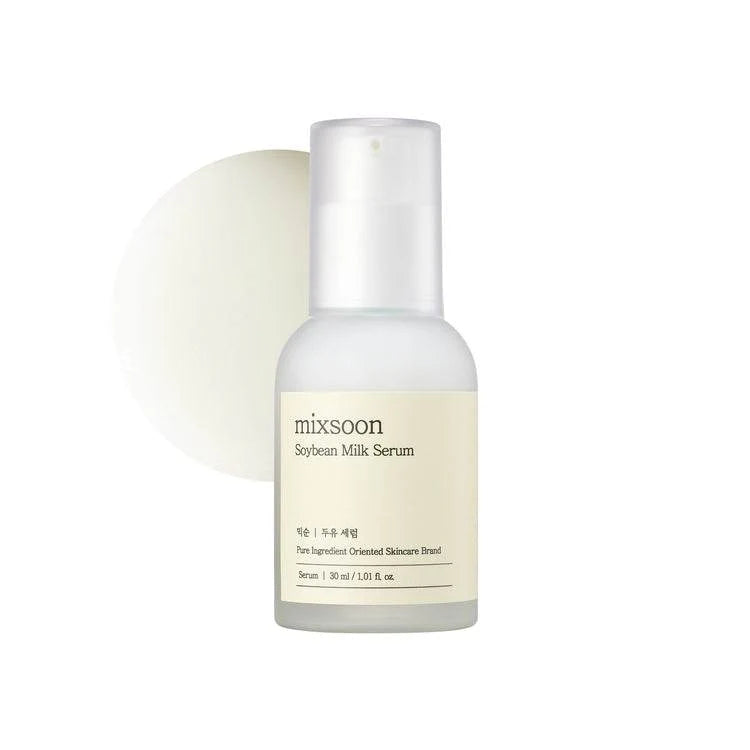 Mixsoon soybean milk serum bottle and liquid on a white background
