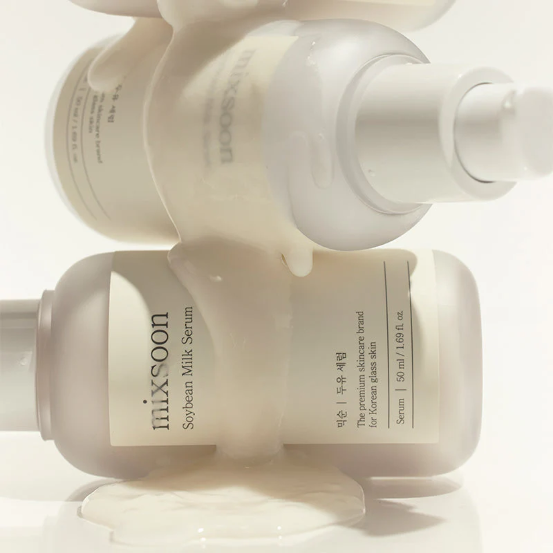 Three bottles of mixsoon soybean milk serum on a white background