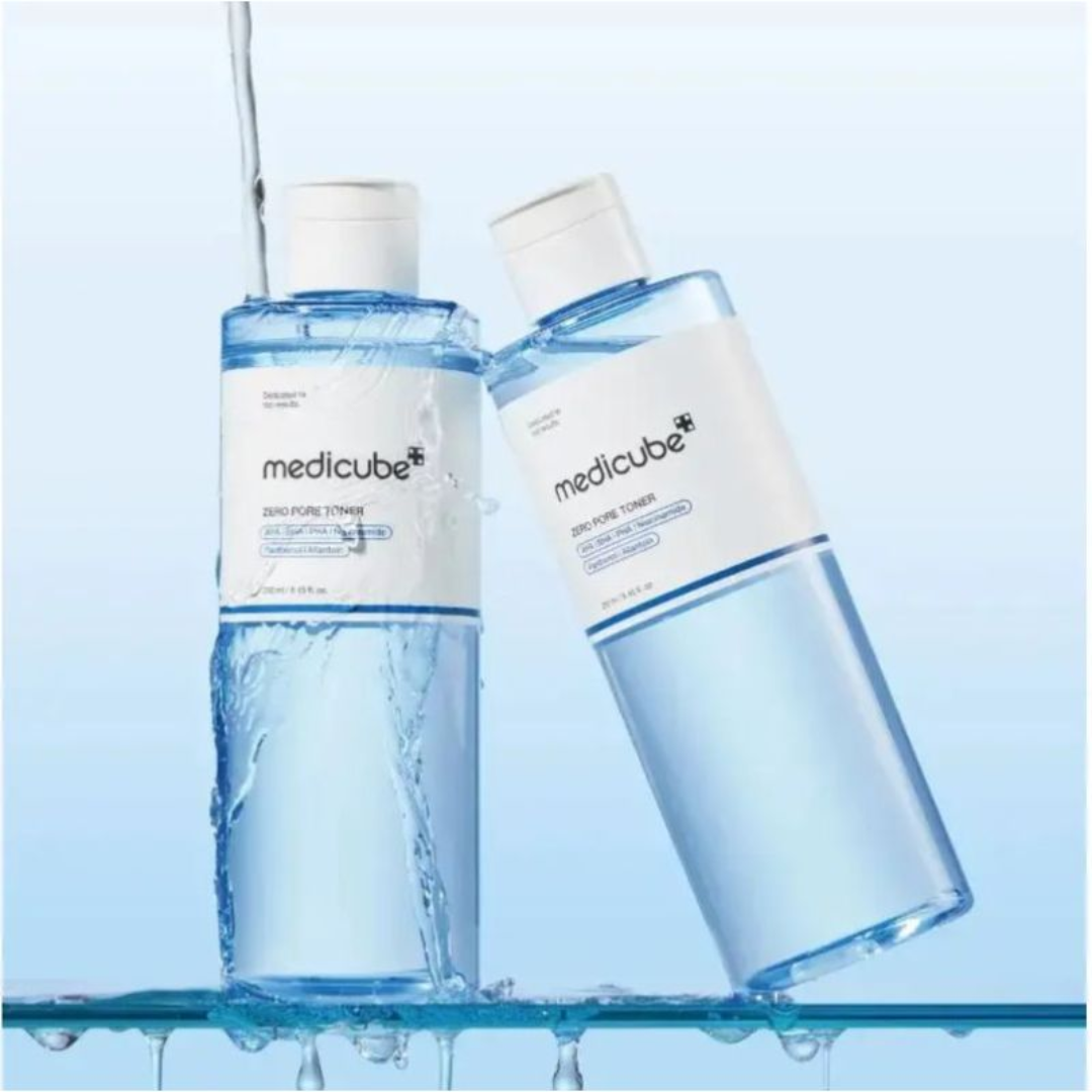 Two bottles of Medicube toner on a light blue background