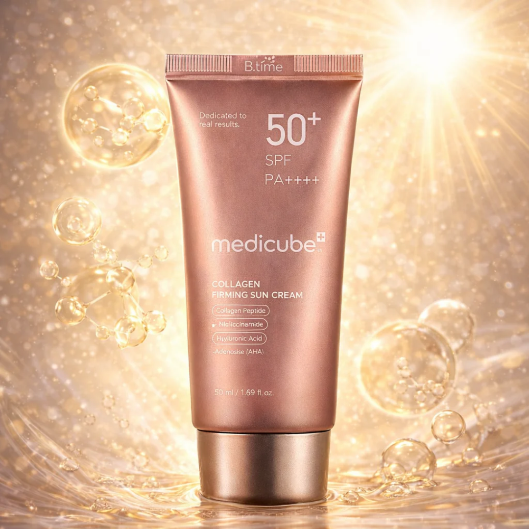 Medicube sun cream tube with gold background