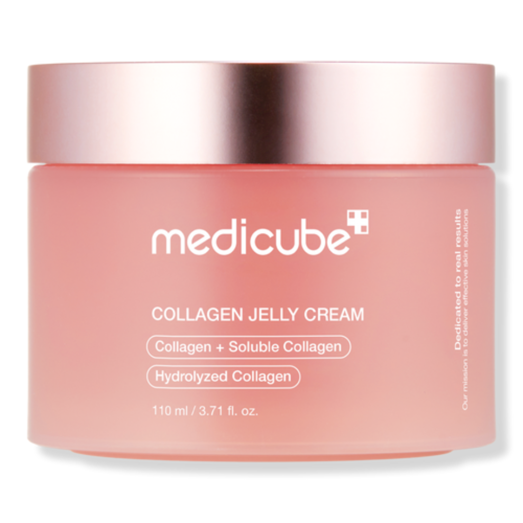 Pink jar of Medicube Collagen Jelly Cream on a white background