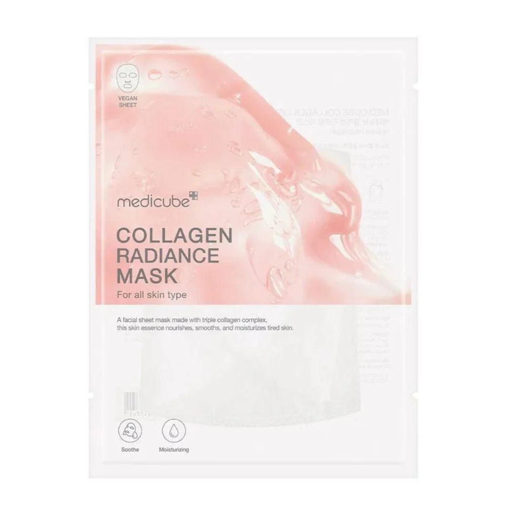 Collagen radiance mask packaging with Medicube branding on a white background