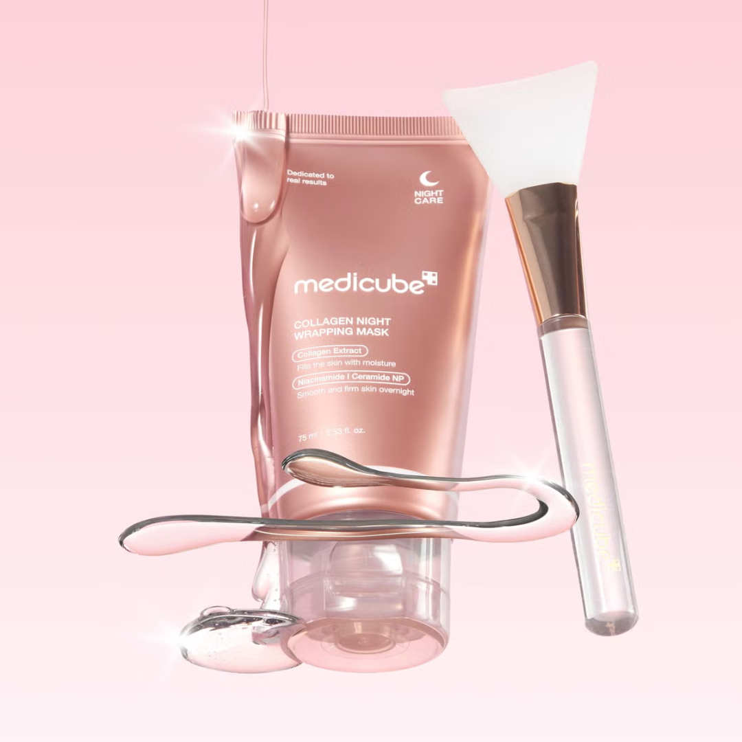 Medicube collagen night sheet mask with applicator on a pink background