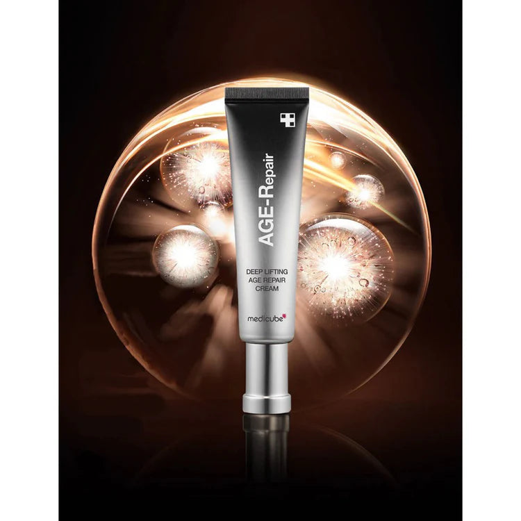 Tube of AGE-Repair cream with a dark background and light effects