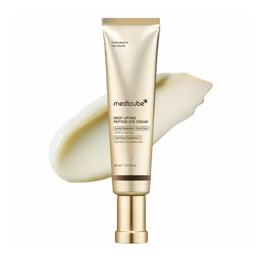 Medicube Eye cream tube with beige cream on a white background