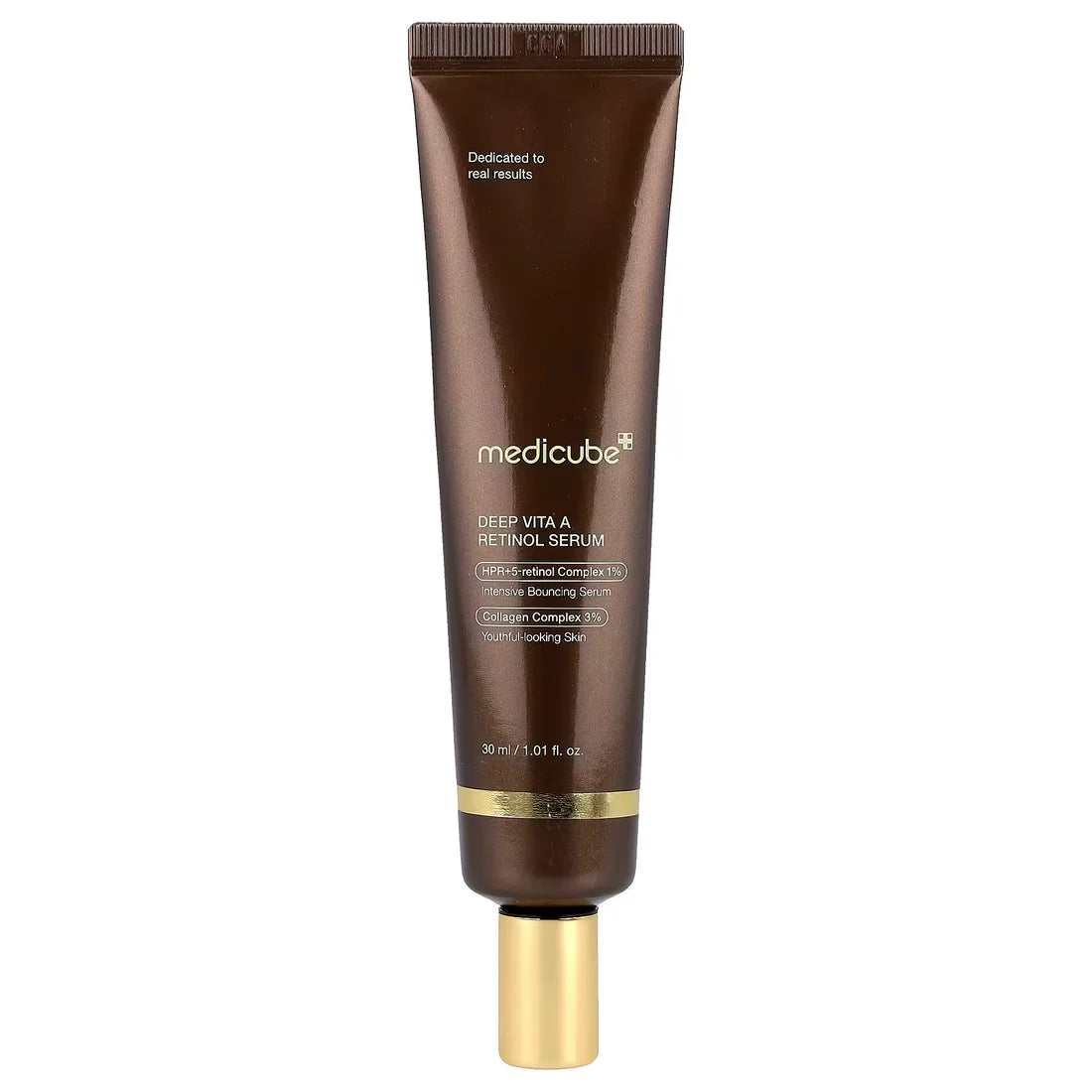 Brown skincare serum tube with gold cap on a white background