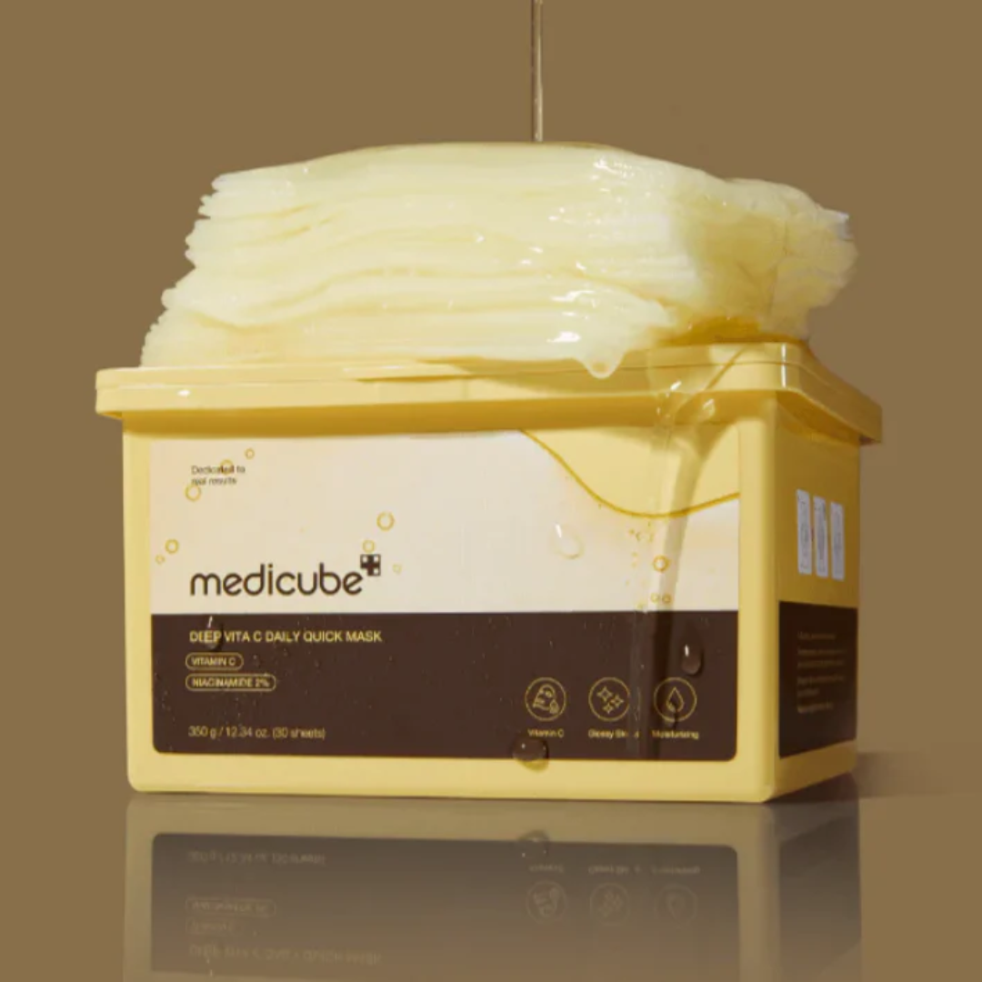 Medicube facial mask packaging with a brown background