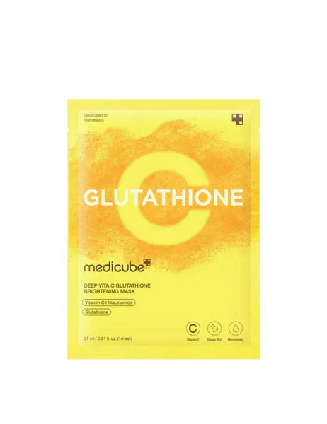 Yellow packaging of Medicube Glutathione sheet mask on a white background