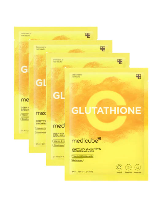 Four yellow packages with 'Glutathione' and 'Medicube' branding on a white background.