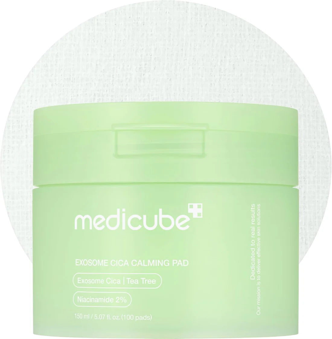 Green jar of Medicube Exosome Cica Calming Pad on a white background