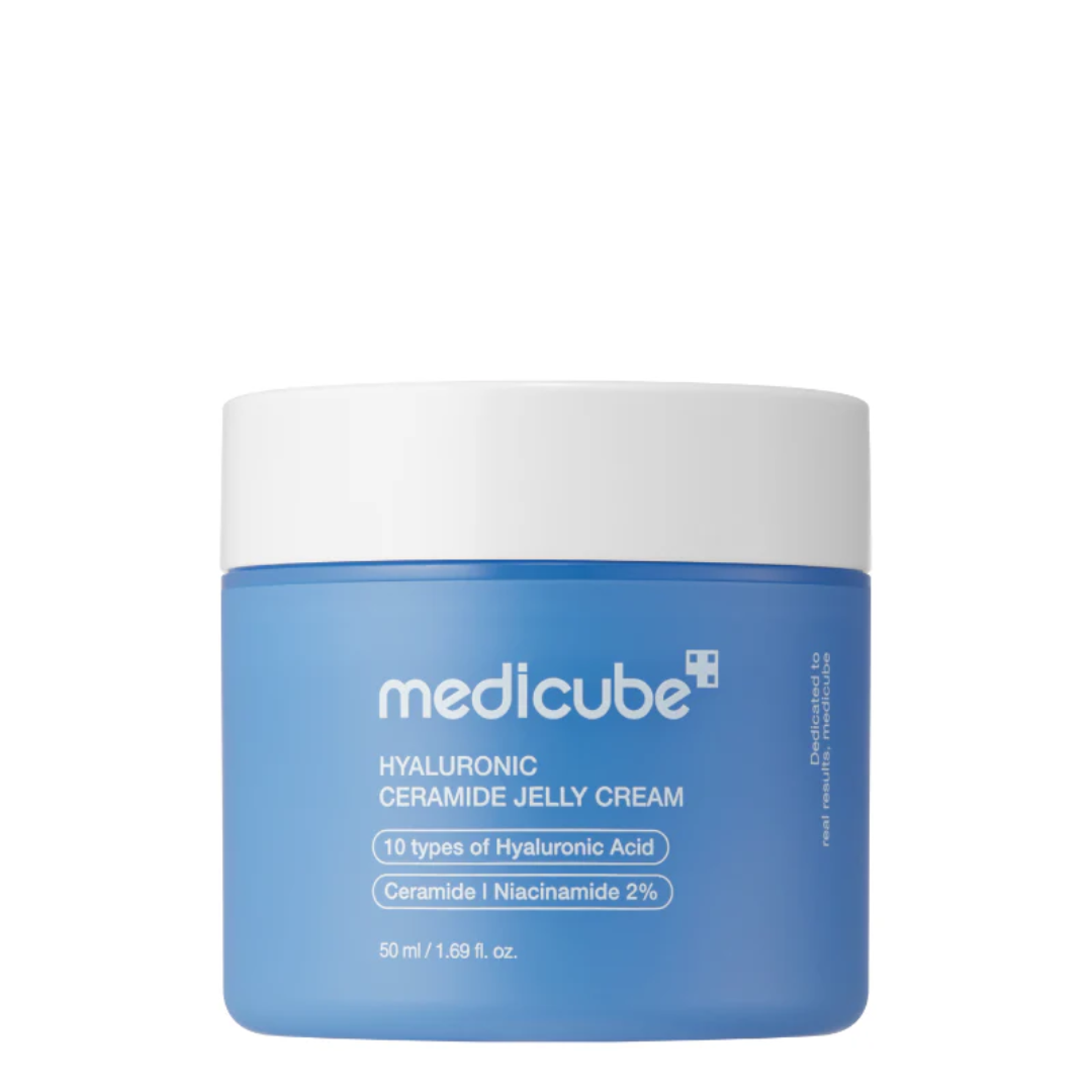 Blue jar of Medicube Hyaluronic Ceramide Jelly Cream on a white background