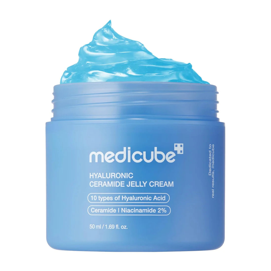 Blue jar of Medicube Hyaluronic Ceramide Jelly Cream with blue cream on top
