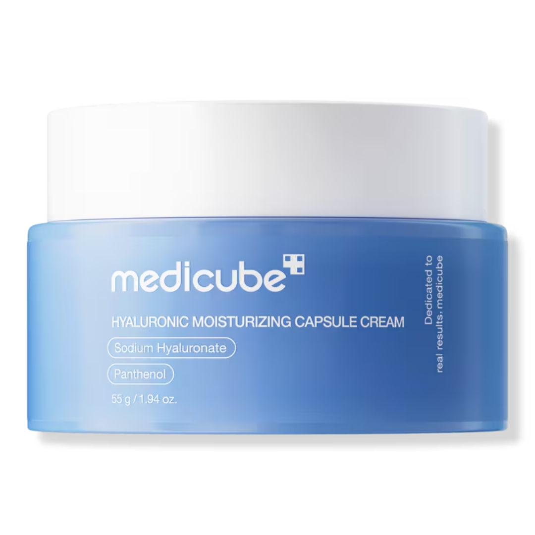 Blue and white jar of Medicube hyaluronic moisturizing capsule cream on a white background