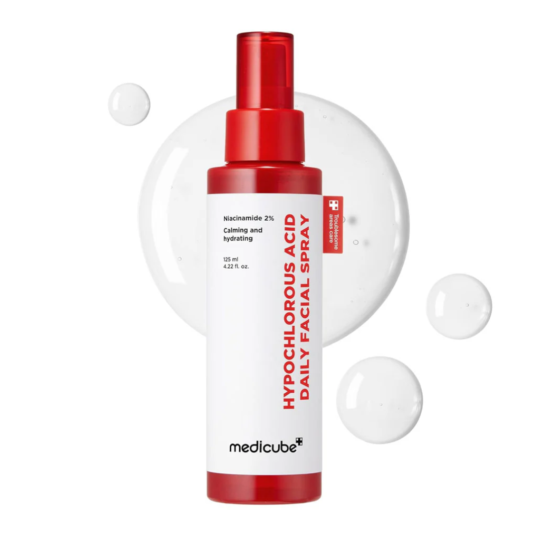 Medicube Hypochlorous Acid Daily Facial Spray with red and white design on a white background