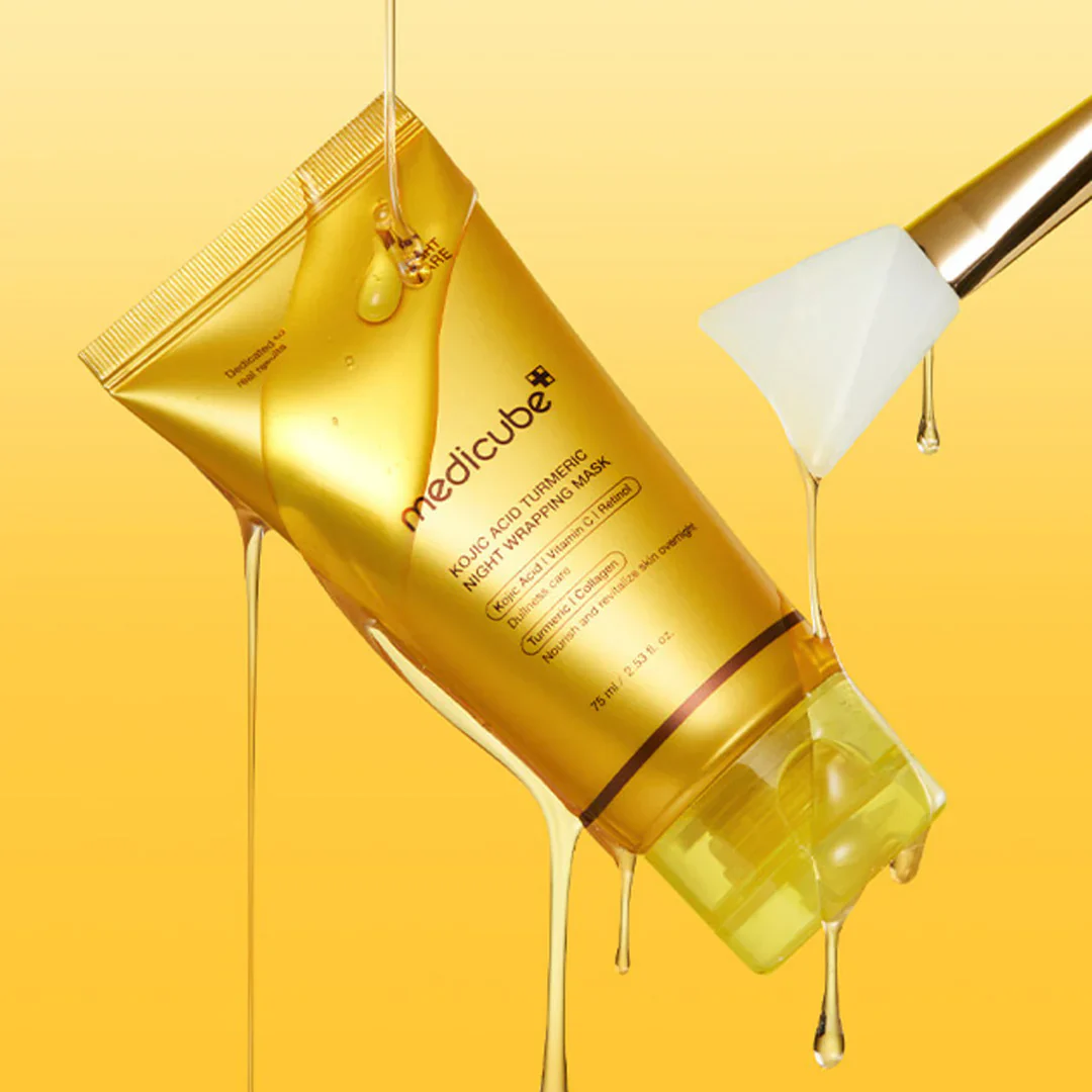 Medicube facial mask package with liquid being poured on a yellow background