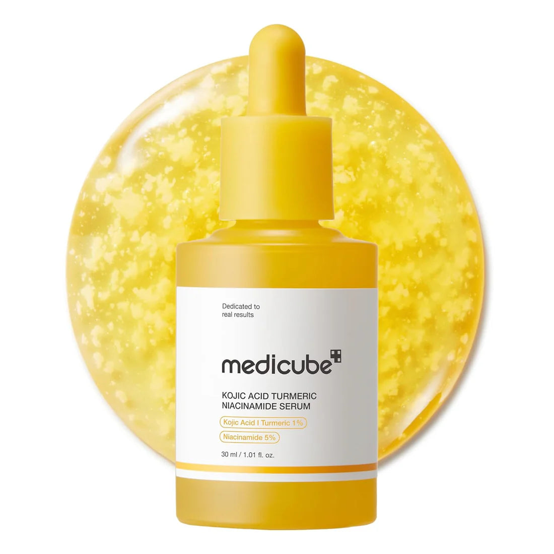 Medicube serum with yellow liquid on a white background