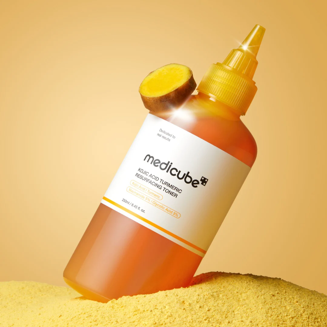Medicube toner bottle with a yellow background