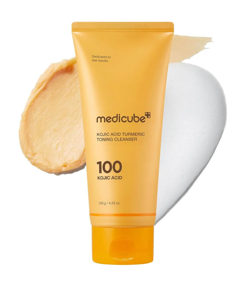 Tube of Medicube Kojic Acid Turmeric Toning Cleanser with a swatch on a white background