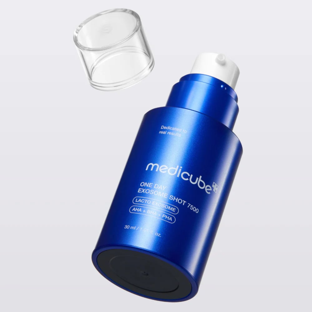 Blue Medicube skincare serum bottle on a light gray background