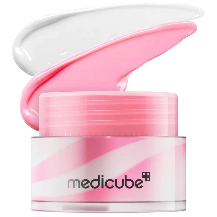 Pink and white cream jar with 'medicube' branding on a white background