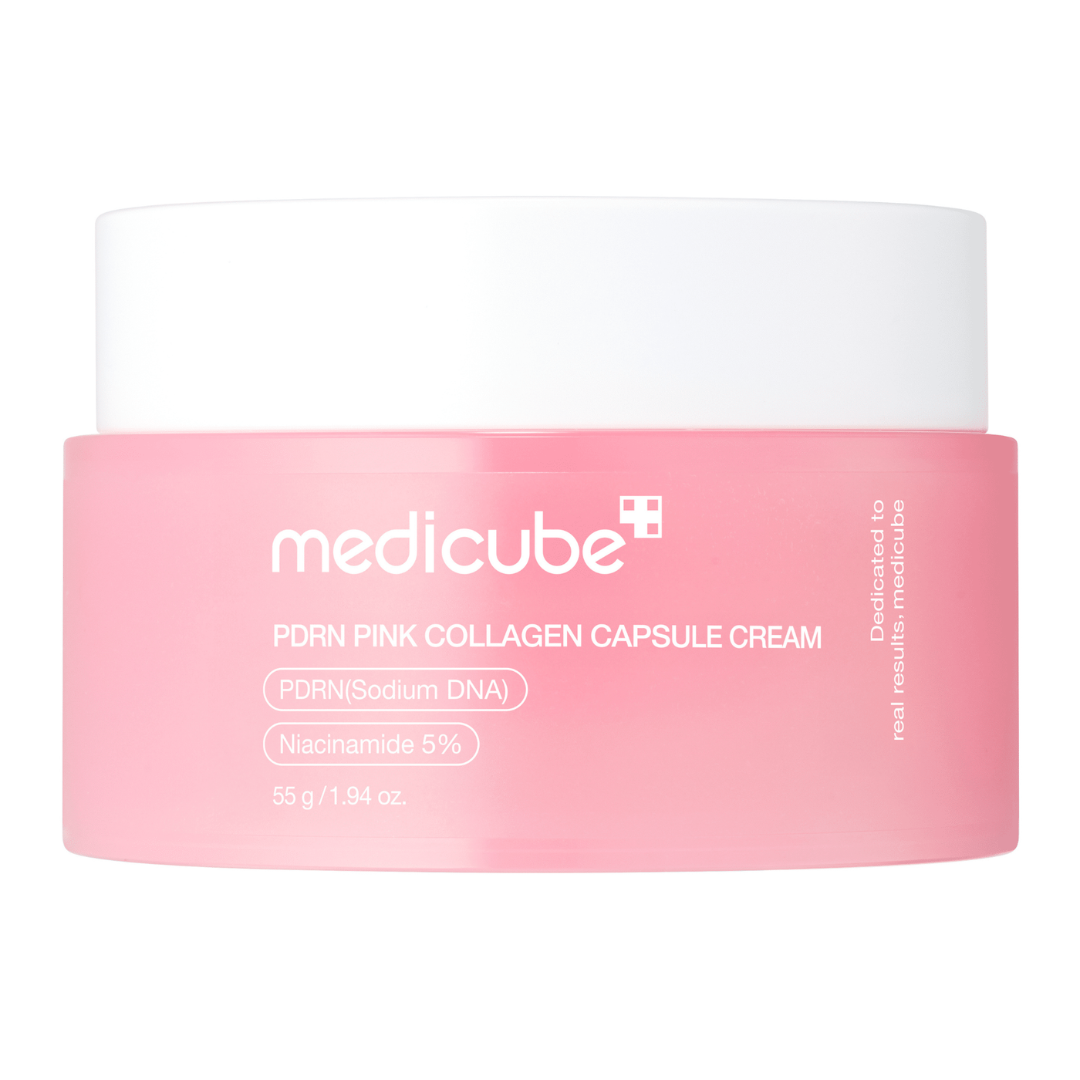 Pink jar of Medicube PDRN Pink Collagen Capsule Cream on a white background