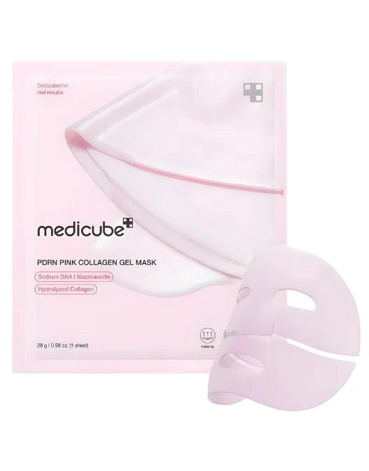 Collagen gel mask packaging with pink mask on a white background