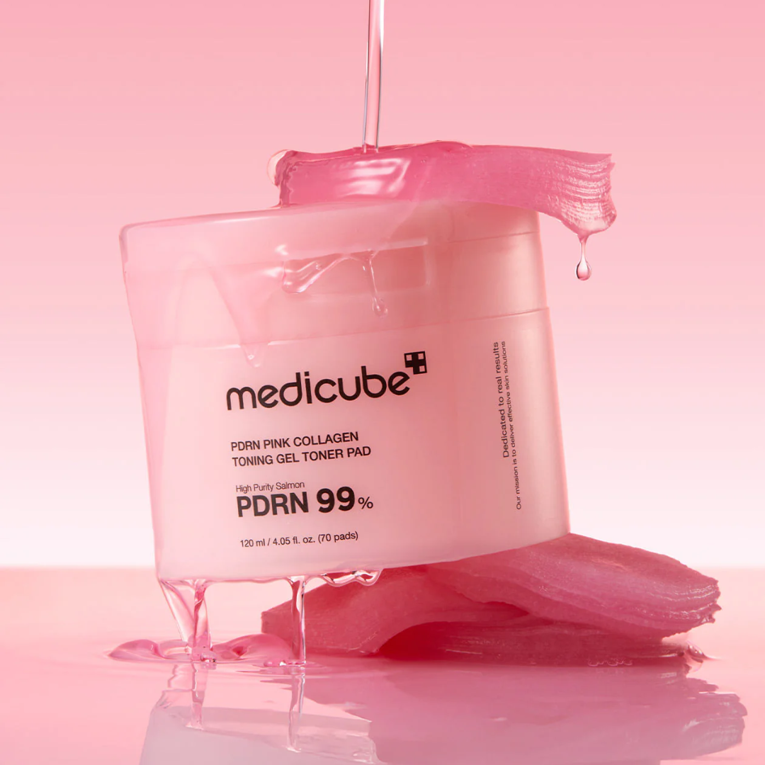 Pink collagen toning gel pad with 'medicube' branding on a pink background