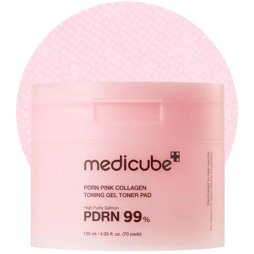 Pink collagen toning gel toner pad with 'medicube' branding on a white background