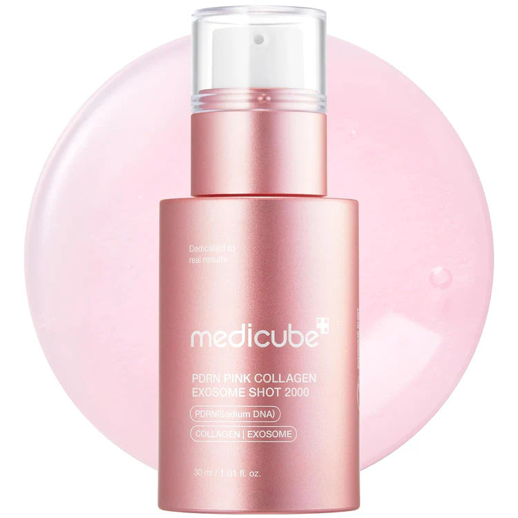 Pink skincare product with 'medicube' branding on a white background