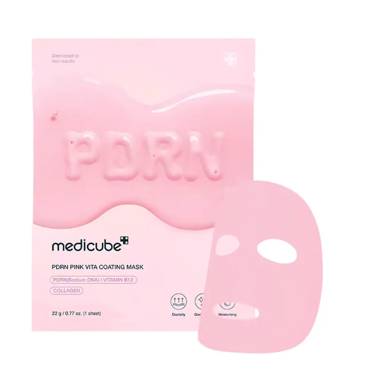 Pink face mask packaging with 'medicube' branding on a white background