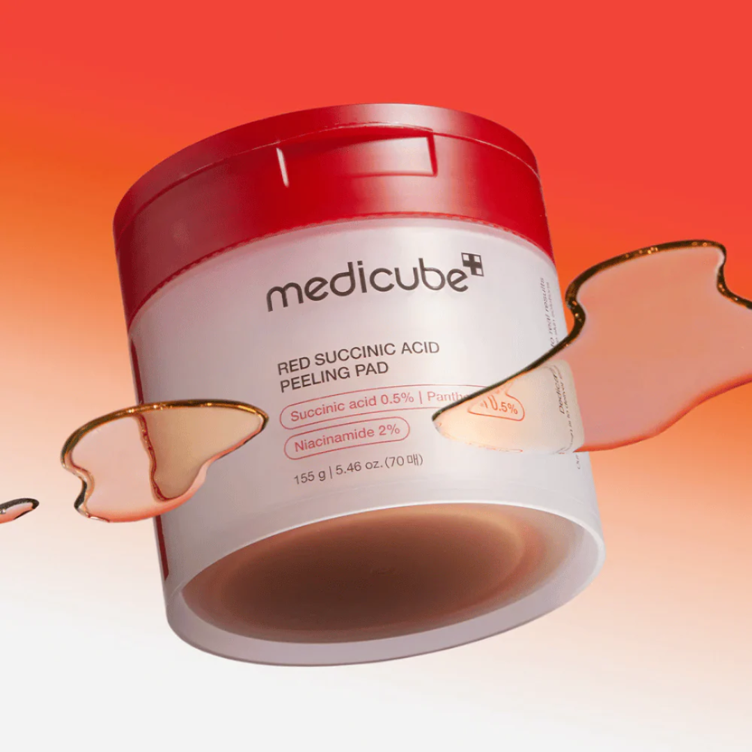 Medicube Red Succinic Acid Peeling Pad container on a gradient background