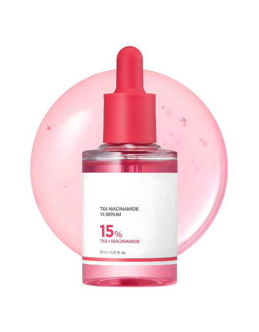 Medicube dropper bottle serum woth pink liquid on white background