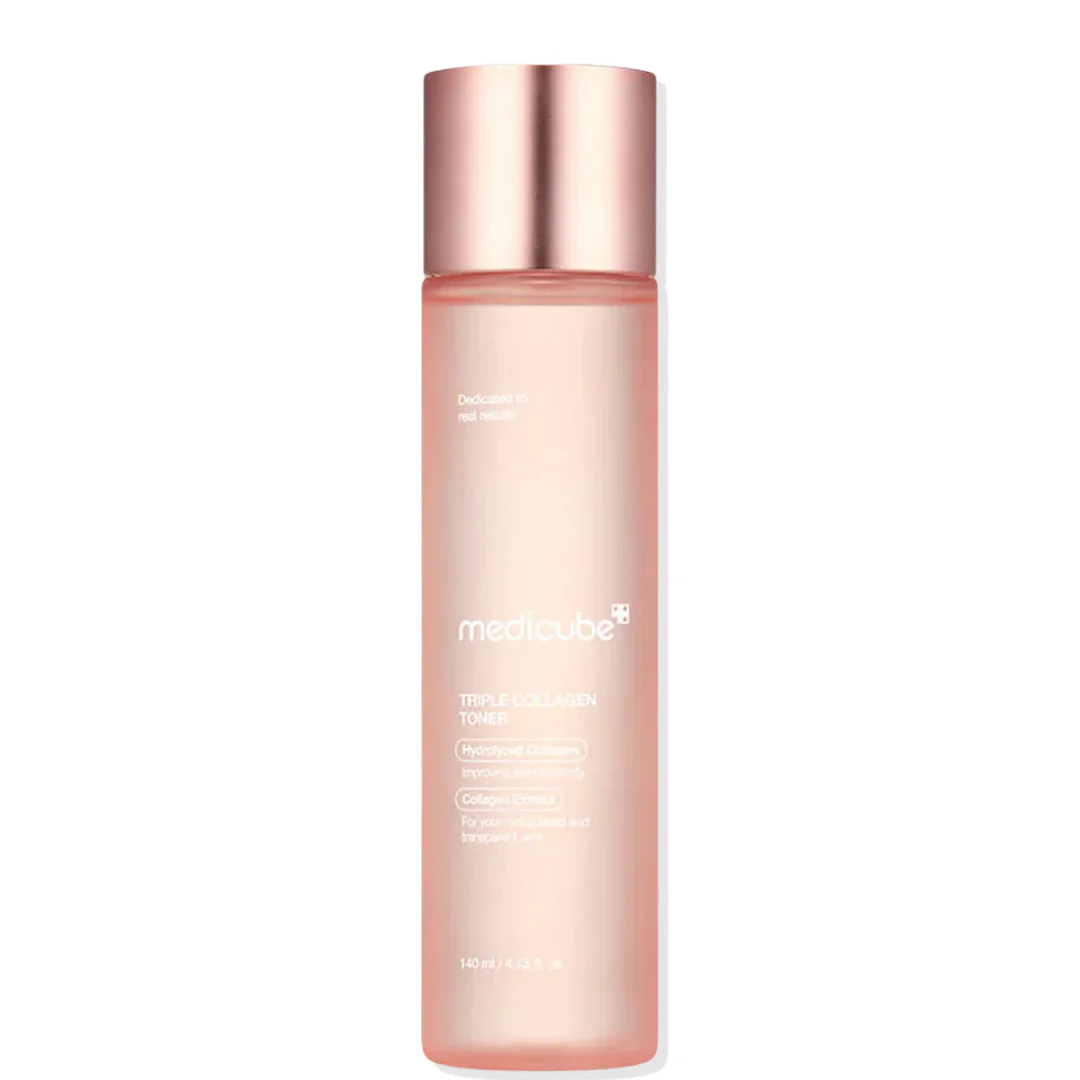 Skincare bottle with rose gold cap and pink body on a white background