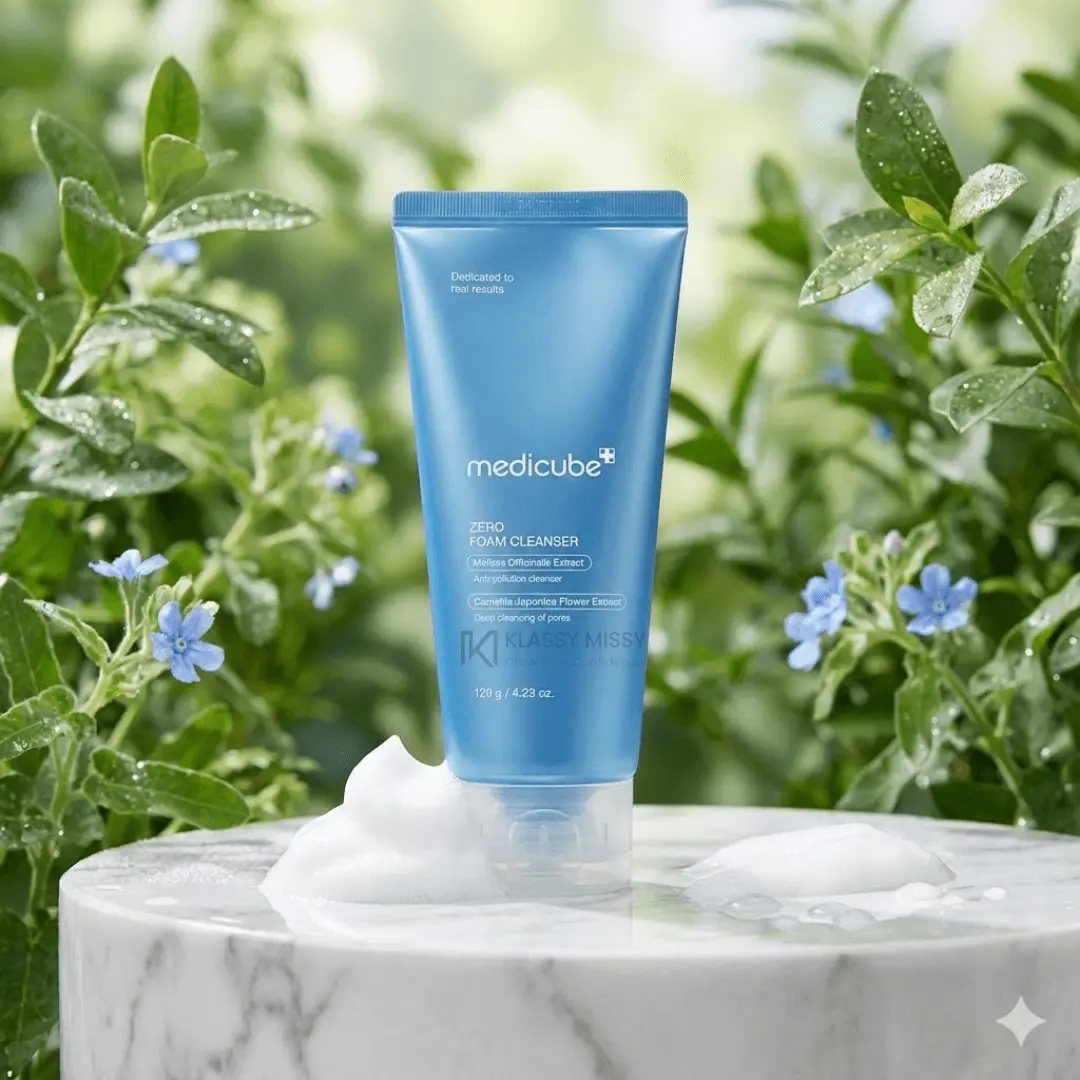 Blue tube of Medicube product on a marble surface with green foliage in the background