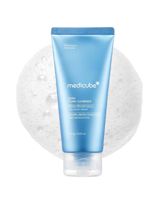 Medicube foam cleanser bottle with foam on a white background