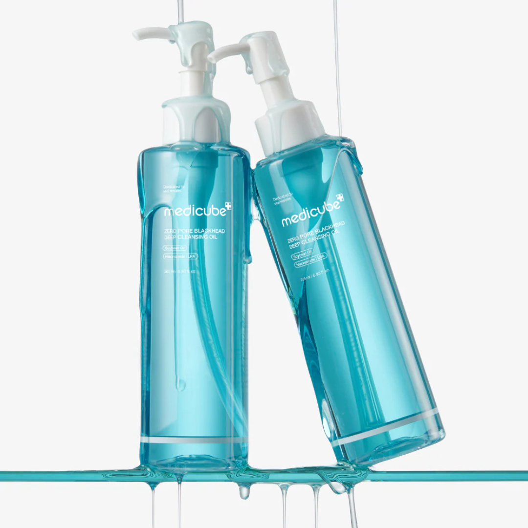 Two blue bottles with pump dispensers labeled 'medicube' on a white background.