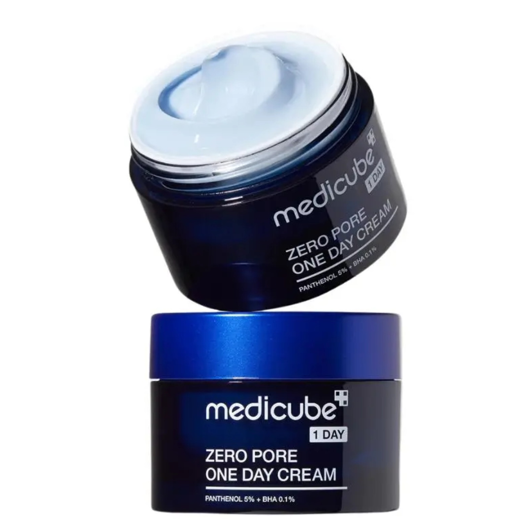 Two jars of Medicube Zero Pore One Day Cream on a white background