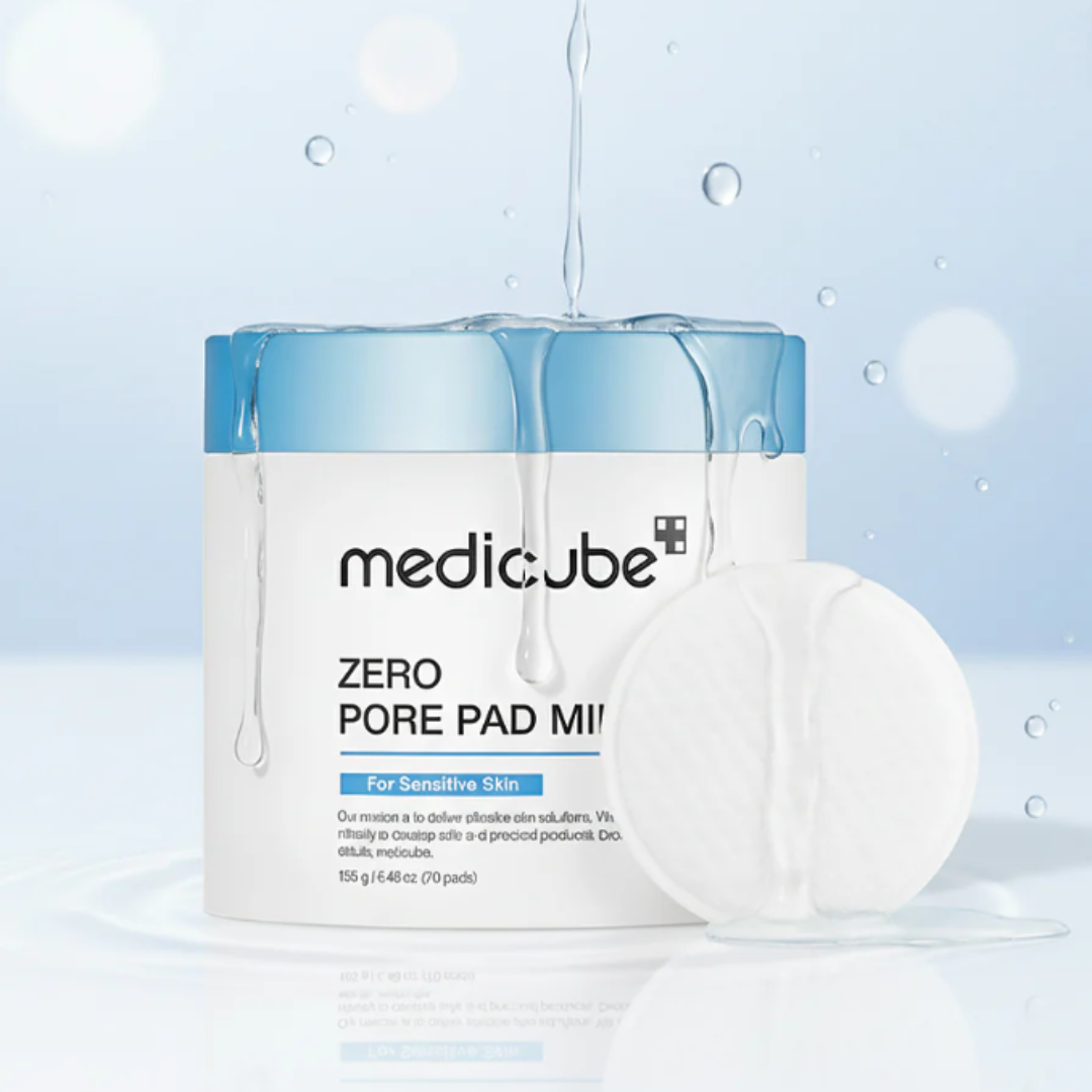Medicube Zero Pore Pad Mi packaging with a blue cap on a light blue background