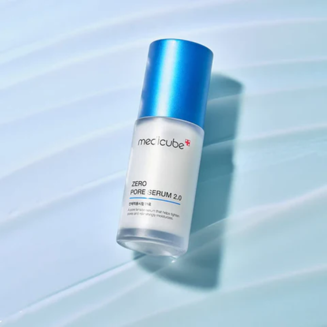 Medicube Zero Pore Serum 2.0 bottle on a light blue background