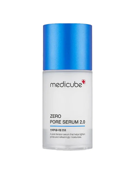 Medicube Zero Pore Serum 2.0 bottle with blue cap on a white background