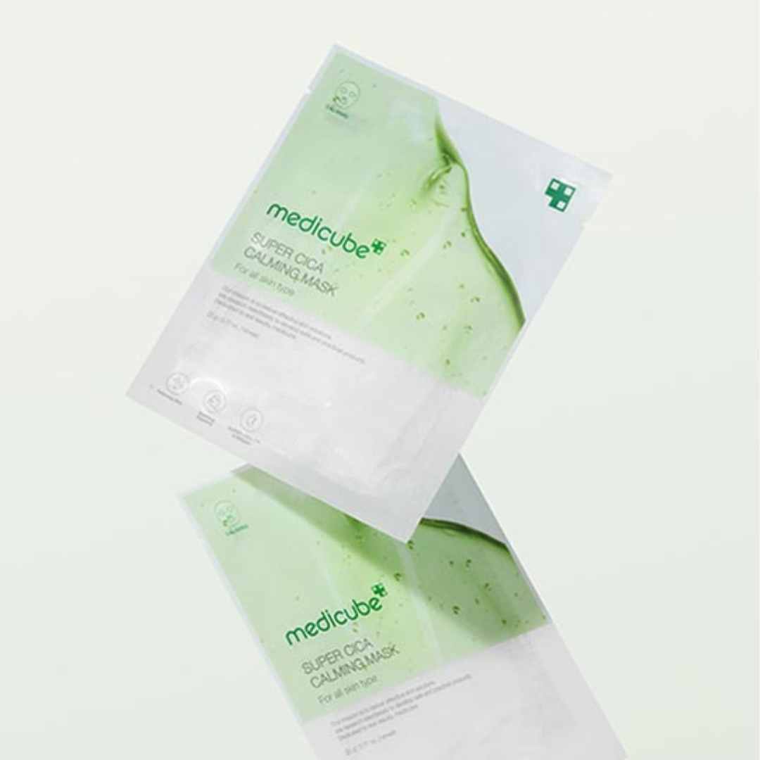 Two medicube Super Cica Calming Masks on a white background