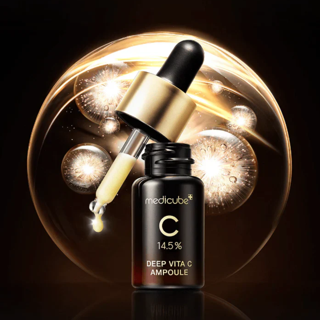Medicube Deep Vita C Ampoule with dropper against a dark background