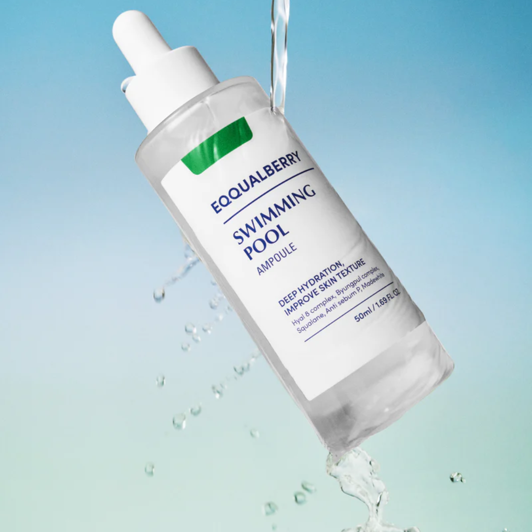 Skincare ampoule bottle labeled 'Equalberry Swimming Pool' with water droplets on a gradient blue background