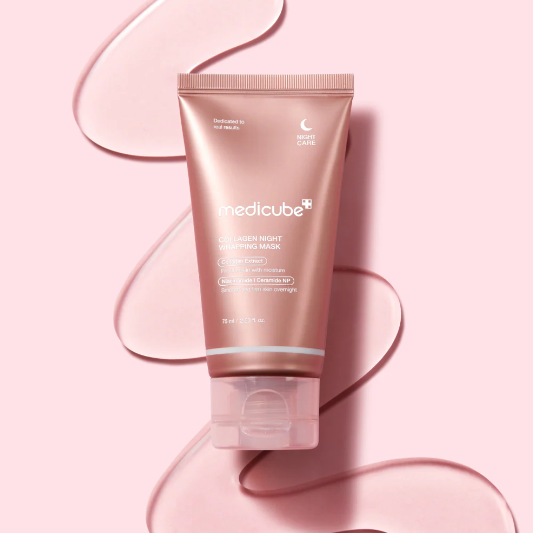 Tub of Medicube skincare product on a pink background