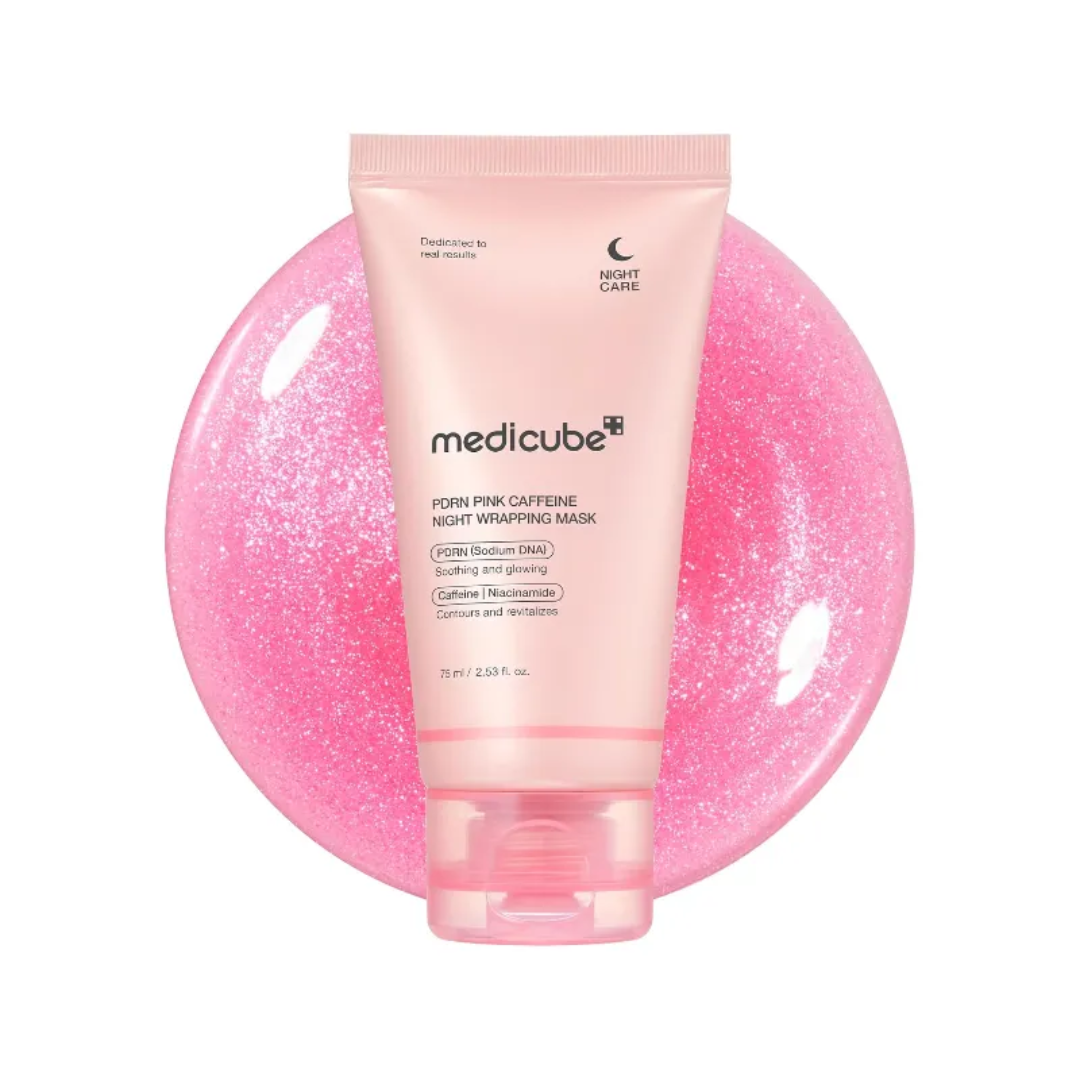 Medicube pink caffeine night wrapping mask on a white background